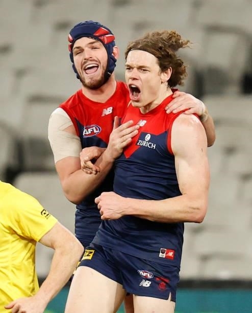 Angus Brayshaw and Ben Brown of the Demons celebrate during the 2021 AFL Round 19 match between the Melbourne Demons and the Western Bulldogs at the...