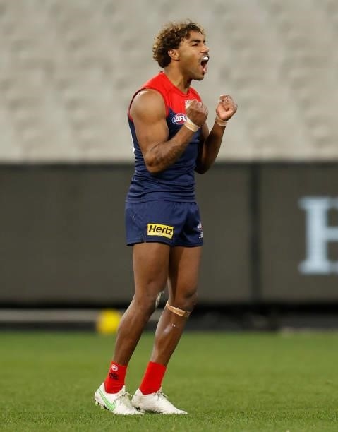 Kysaiah Pickett of the Demons celebrates a goal during the 2021 AFL Round 19 match between the Melbourne Demons and the Western Bulldogs at the...