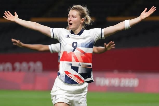 Britain's forward Ellen White celebrates after scoring a goal during the Tokyo 2020 Olympic Games women's group E first round football match between...