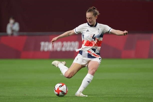Britain's midfielder Keira Walsh shoots and fails to score during the Tokyo 2020 Olympic Games women's group E first round football match between...