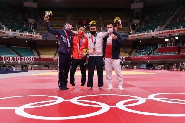 Silver medallist Taiwan's Yang Yung Wei, gold medallist Japan's Naohisa Takato and bronze medallists Kazakhstan's Yeldos Smetov and France's Luka...