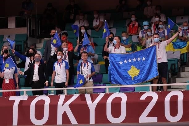 Kosovo supporters attend the judo competition during the Tokyo 2020 Olympic Games at the Nippon Budokan in Tokyo on July 24, 2021.