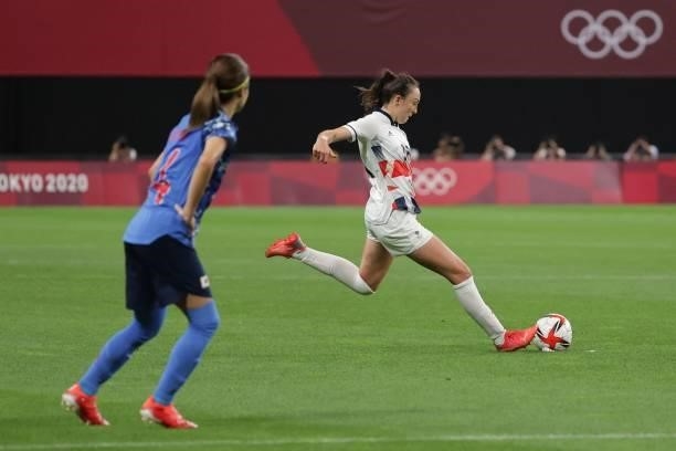Britain's midfielder Caroline Weir shoots and fails to score during the Tokyo 2020 Olympic Games women's group E first round football match between...
