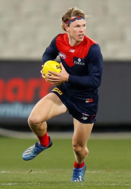 Jayden Hunt of the Demons in action during the 2021 AFL Round 19 match between the Melbourne Demons and the Western Bulldogs at the Melbourne Cricket...