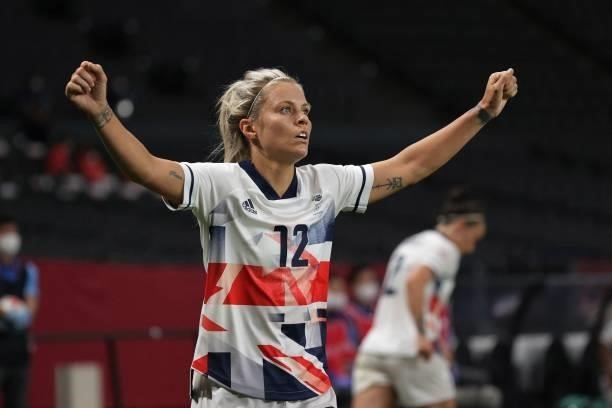 Britain's defender Rachel Daly celebrates after Britain won the Tokyo 2020 Olympic Games women's group E first round football match between Japan and...