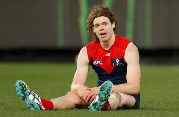 Ben Brown of the Demons looks dejected after a loss during the 2021 AFL Round 19 match between the Melbourne Demons and the Western Bulldogs at the...