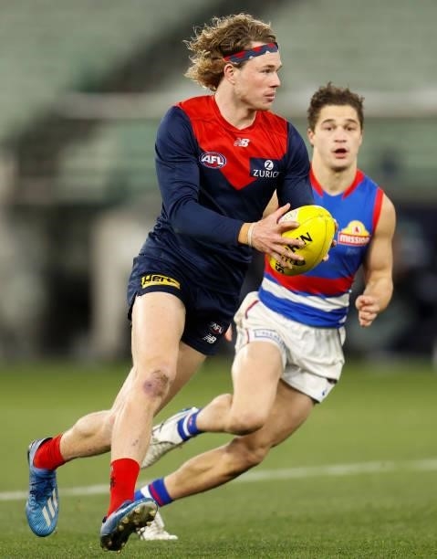 Jayden Hunt of the Demons in action during the 2021 AFL Round 19 match between the Melbourne Demons and the Western Bulldogs at the Melbourne Cricket...