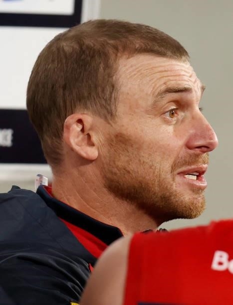Simon Goodwin, Senior Coach of the Demons addresses his players during the 2021 AFL Round 19 match between the Melbourne Demons and the Western...
