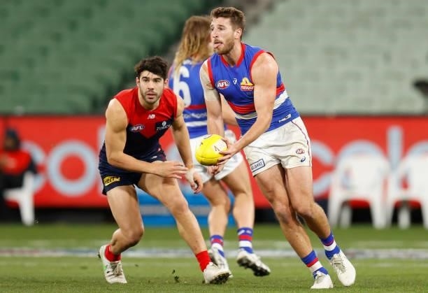 Marcus Bontempelli of the Bulldogs in action during the 2021 AFL Round 19 match between the Melbourne Demons and the Western Bulldogs at the...