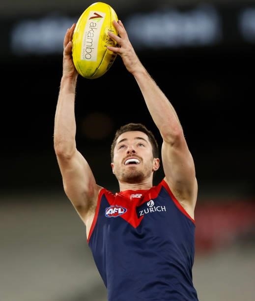 Alex Neal-Bullen of the Demons marks the ball during the 2021 AFL Round 19 match between the Melbourne Demons and the Western Bulldogs at the...
