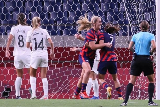 S midfielder Lindsey Horan runs to celebrate after scoring the second goal during the Tokyo 2020 Olympic Games women's group G first round football...
