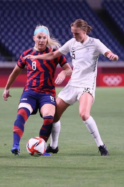 New Zealand's midfielder Daisy Cleverley marks USA's midfielder Julie Ertz during the Tokyo 2020 Olympic Games women's group G first round football...