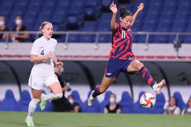 S forward Christen Press controls the ball during the Tokyo 2020 Olympic Games women's group G first round football match between New Zealand and USA...