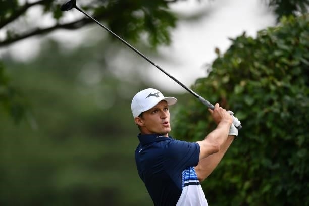 Mateusz Gradecki of Poland plays his first shot on the 1st hole during the Day Three of Italian Challenge at Margara Golf Club on July 24, 2021 in...