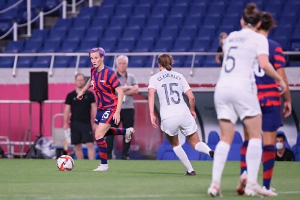 S forward Megan Rapinoe looks for a pass during the Tokyo 2020 Olympic Games women's group G first round football match between New Zealand and USA...