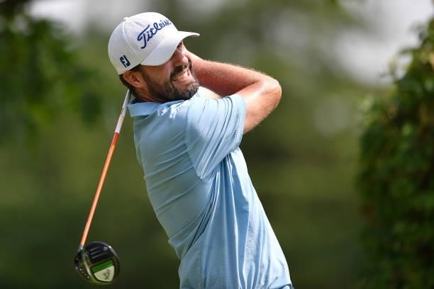 David Borda of Spain plays his first shot on the 1st hole during the Day Three of Italian Challenge at Margara Golf Club on July 24, 2021 in Solero,...