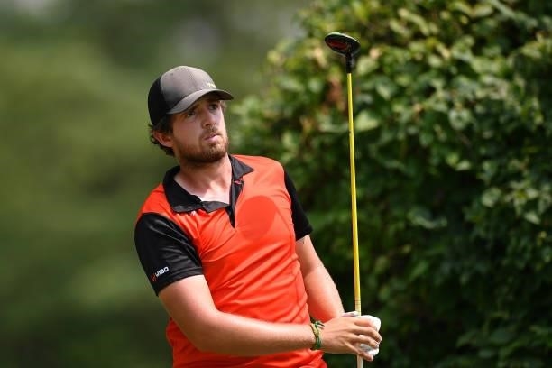 Manuel Elvira of Spain plays his first shot on the 1st hole during the Day Three of Italian Challenge at Margara Golf Club on July 24, 2021 in...