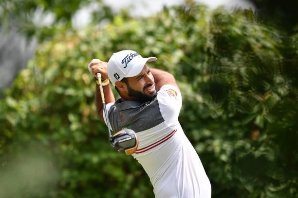 Santiago Tarrio of Spain plays his first shot on the 1st hole during the Day Three of Italian Challenge at Margara Golf Club on July 24, 2021 in...