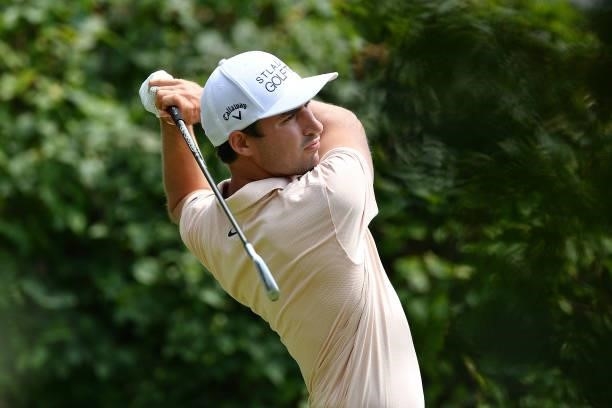 Frederic Lacroix of France plays his first shot on the 1st hole during the Day Three of Italian Challenge at Margara Golf Club on July 24, 2021 in...