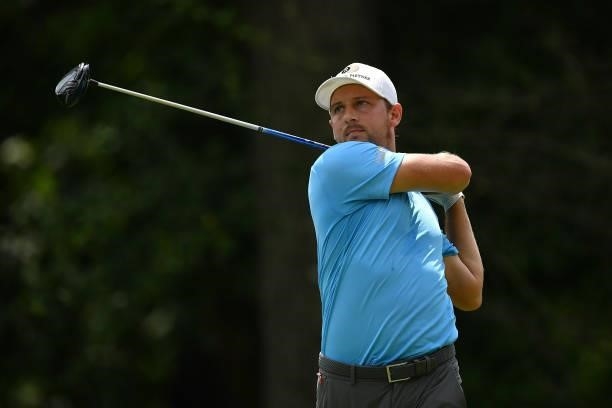 Lukas Nemecz from Austria plays his first shot on the 5th hole during the Day Three of Italian Challenge at Margara Golf Club on July 24, 2021 in...
