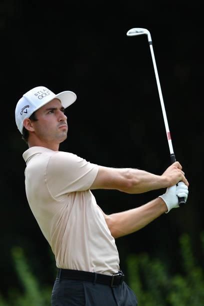 Frederic Lacroix of France plays his first shot on the 3th hole during the Day Three of Italian Challenge at Margara Golf Club on July 24, 2021 in...