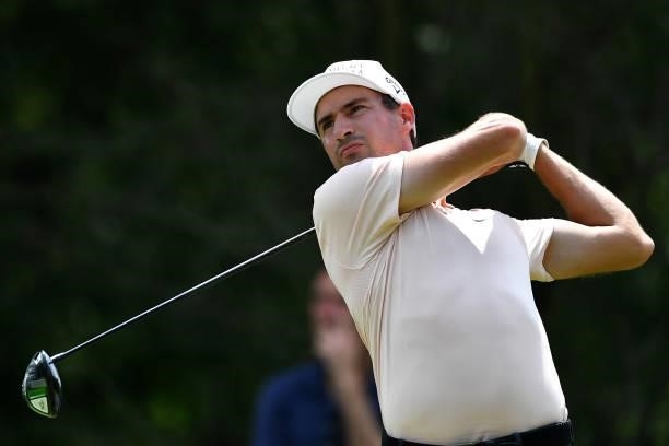 Frederic Lacroix of France plays his first shot on the 5th hole during the Day Three of Italian Challenge at Margara Golf Club on July 24, 2021 in...