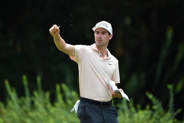 Frederic Lacroix of France checks the breeze on the 3th hole during the Day Three of Italian Challenge at Margara Golf Club on July 24, 2021 in...