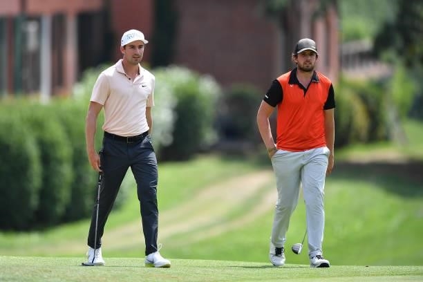 Manuel Elvira of Spain and Frederic Lacroix of France during the Day Three of Italian Challenge at Margara Golf Club on July 24, 2021 in Solero,...