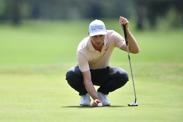 Frederic Lacroix of France lines up a putt on 9th green during the Day Three of Italian Challenge at Margara Golf Club on July 24, 2021 in Solero,...