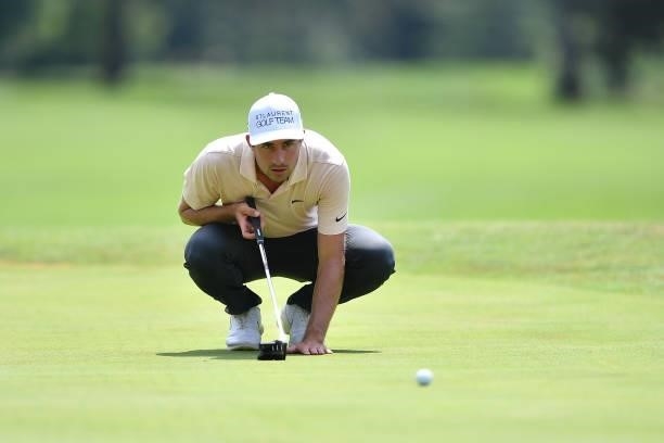 Frederic Lacroix of France lines up a putt on 9th green during the Day Three of Italian Challenge at Margara Golf Club on July 24, 2021 in Solero,...