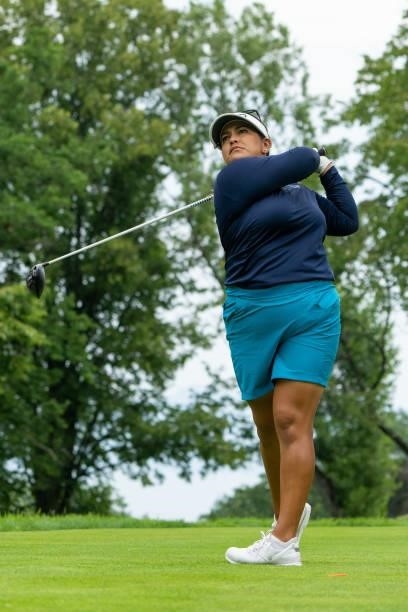 Lizette Salas of United States tees off during day three of the The Amundi Evian Championship at Evian Resort Golf Club on July 24, 2021 in...