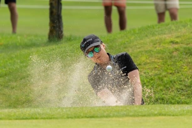 Sarah Kemp of Australia plays a shot from bunker during day three of the The Amundi Evian Championship at Evian Resort Golf Club on July 24, 2021 in...