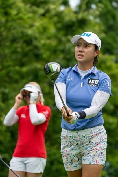 Hee Young Park of South Korea tees off during day three of the The Amundi Evian Championship at Evian Resort Golf Club on July 24, 2021 in...