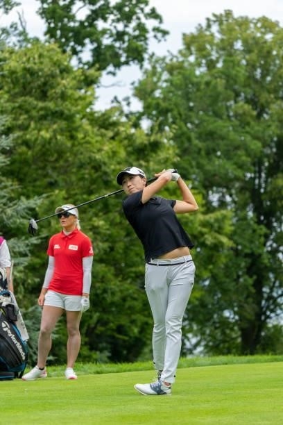Jennifer Song of United States tees off during day three of the The Amundi Evian Championship at Evian Resort Golf Club on July 24, 2021 in...