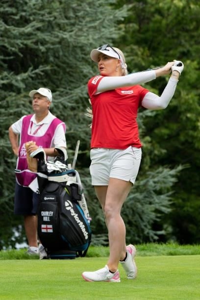 Charley Hull of England tees off during day three of the The Amundi Evian Championship at Evian Resort Golf Club on July 24, 2021 in Evian-les-Bains,...