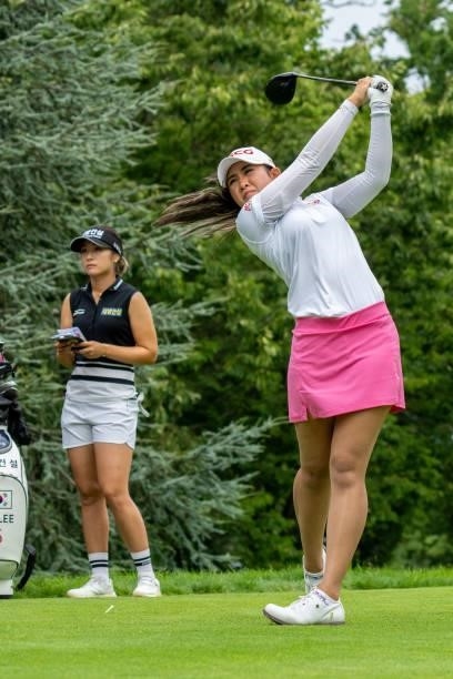 Pajaree Anannarukarn of Thailand tees off during day three of the The Amundi Evian Championship at Evian Resort Golf Club on July 24, 2021 in...