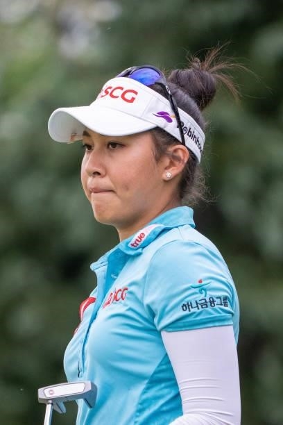 Atthaya Thitikul of Thailand looks on during day three of the The Amundi Evian Championship at Evian Resort Golf Club on July 24, 2021 in...