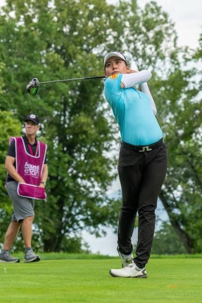 Atthaya Thitikul of Thailand tees off during day three of the The Amundi Evian Championship at Evian Resort Golf Club on July 24, 2021 in...