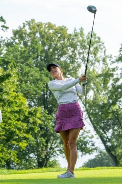 Jaye Marie Green of United States tees off during day three of the The Amundi Evian Championship at Evian Resort Golf Club on July 24, 2021 in...