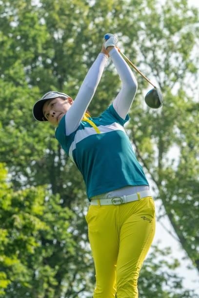Haeji Kang of South Korea tees off during day three of the The Amundi Evian Championship at Evian Resort Golf Club on July 24, 2021 in...