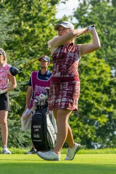 Bronte Law of England tees off during day three of the The Amundi Evian Championship at Evian Resort Golf Club on July 24, 2021 in Evian-les-Bains,...