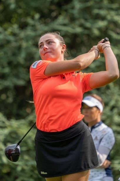 Lucie Malchirand of France tees off during day three of the The Amundi Evian Championship at Evian Resort Golf Club on July 24, 2021 in...
