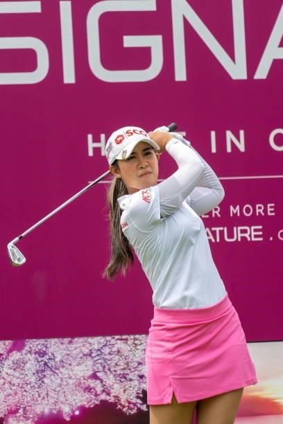 Pajaree Anannarukarn of Thailand plays a shot during day three of the The Amundi Evian Championship at Evian Resort Golf Club on July 24, 2021 in...
