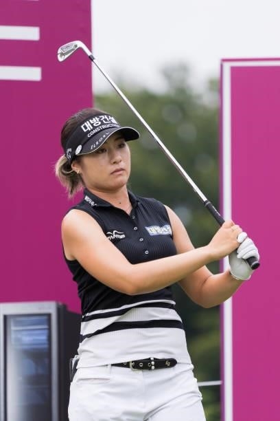 Jeongeun Lee of South Korea plays a shot during day three of the The Amundi Evian Championship at Evian Resort Golf Club on July 24, 2021 in...