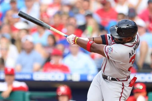 Abraham Almonte of the Atlanta Braves hits a home run during the second inning against the Philadelphia Phillies in the first inning of a game at...