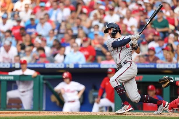 Dansby Swanson of the Atlanta Braves hits an RBI double during the third inning against the Philadelphia Phillies at Citizens Bank Park on July 24,...