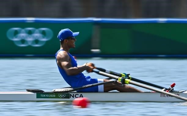Tokyo , Japan - 24 July 2021; Felix Potoy of Nicaragua on his way to winning the Men's Single Sculls semi-final at the Sea Forest Waterway during the...