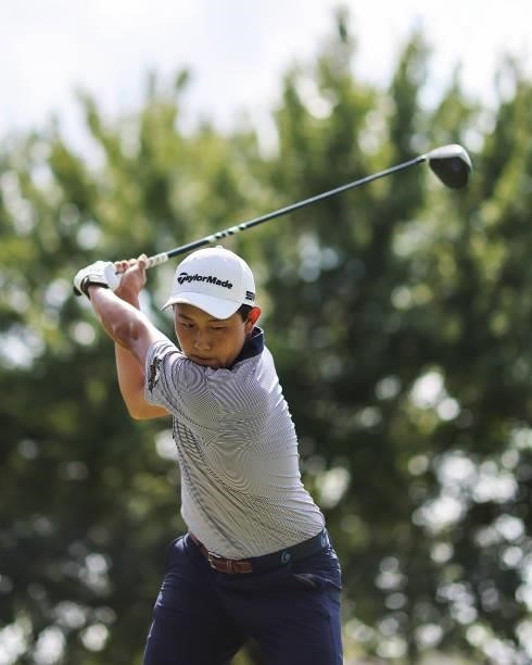 Dylan Wu plays his shot from the 17th tee during the third round of the Price Cutter Charity Championship presented by Dr. Pepper at Highland Spring...