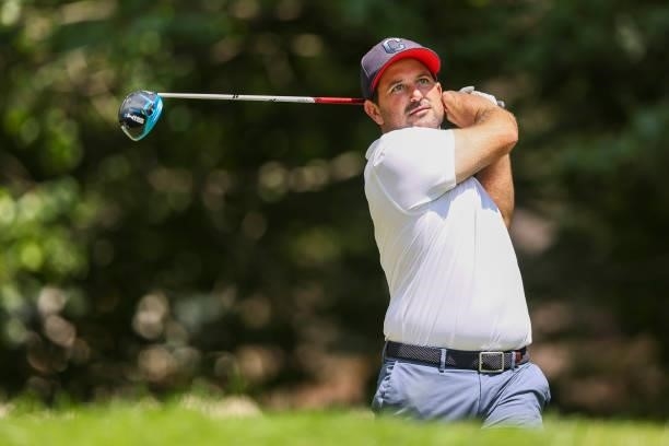 Roberto Diaz of Mexico plays his shot from the 9th tee during the third round of the Price Cutter Charity Championship presented by Dr. Pepper at...