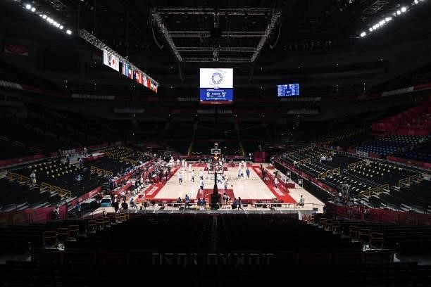 General view shows empty stands before the start of the men's preliminary round group A basketball match between Iran and Czech Republic during the...